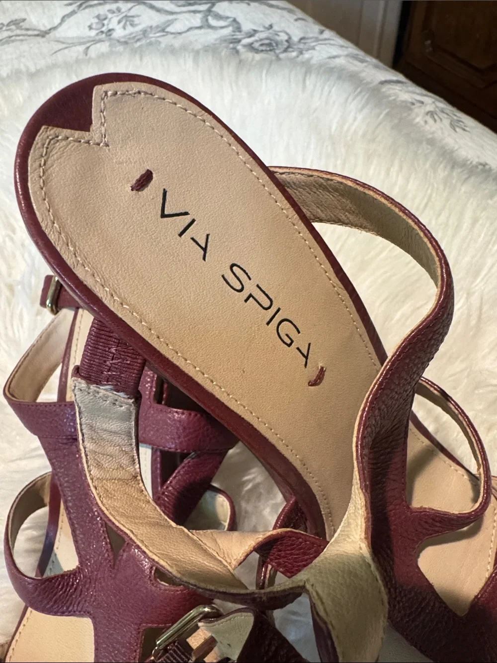 Via Spiga Burgundy Leather Strappy Wedge Sandals Sz 9